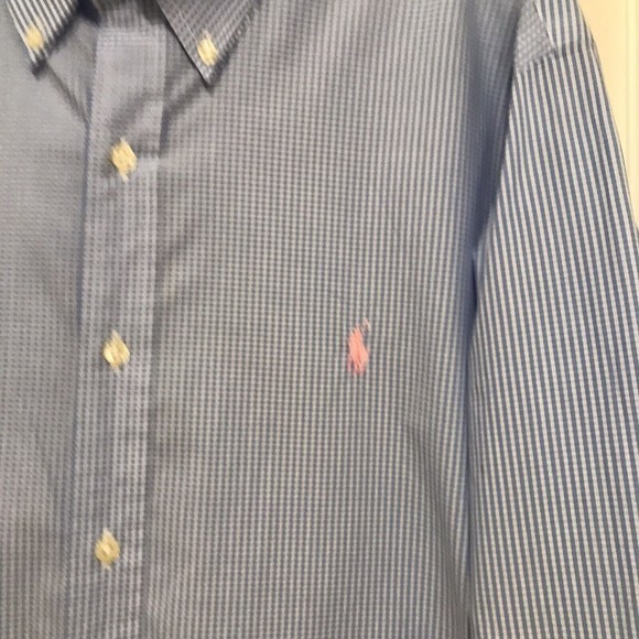 RALPH LAUREN Mens‎ XL Pink Logo Horse Blue/White Check Button Up Shirt Workwear - Picture 4 of 9